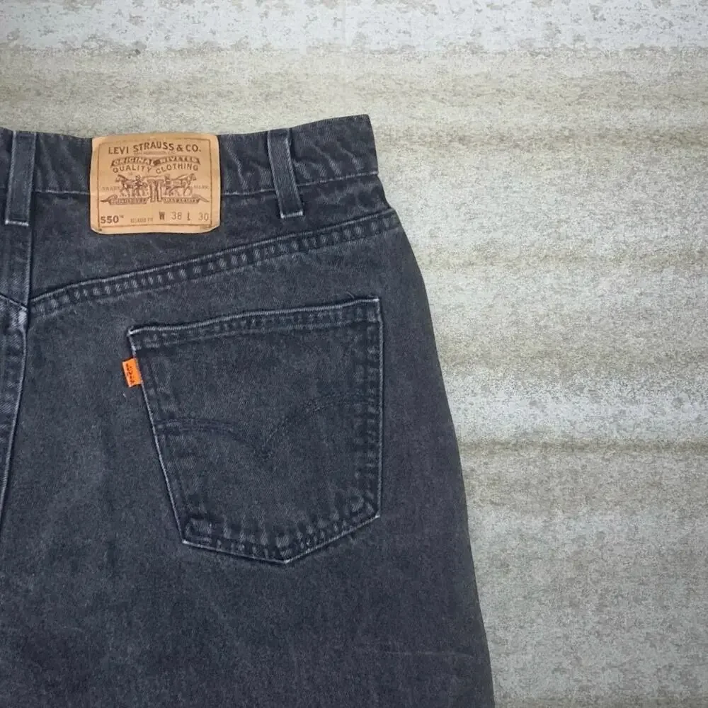 Vintage 90s Levis Jeans 550 38x30 Relaxed Jet Black Wash Denim USA Orange Tab
